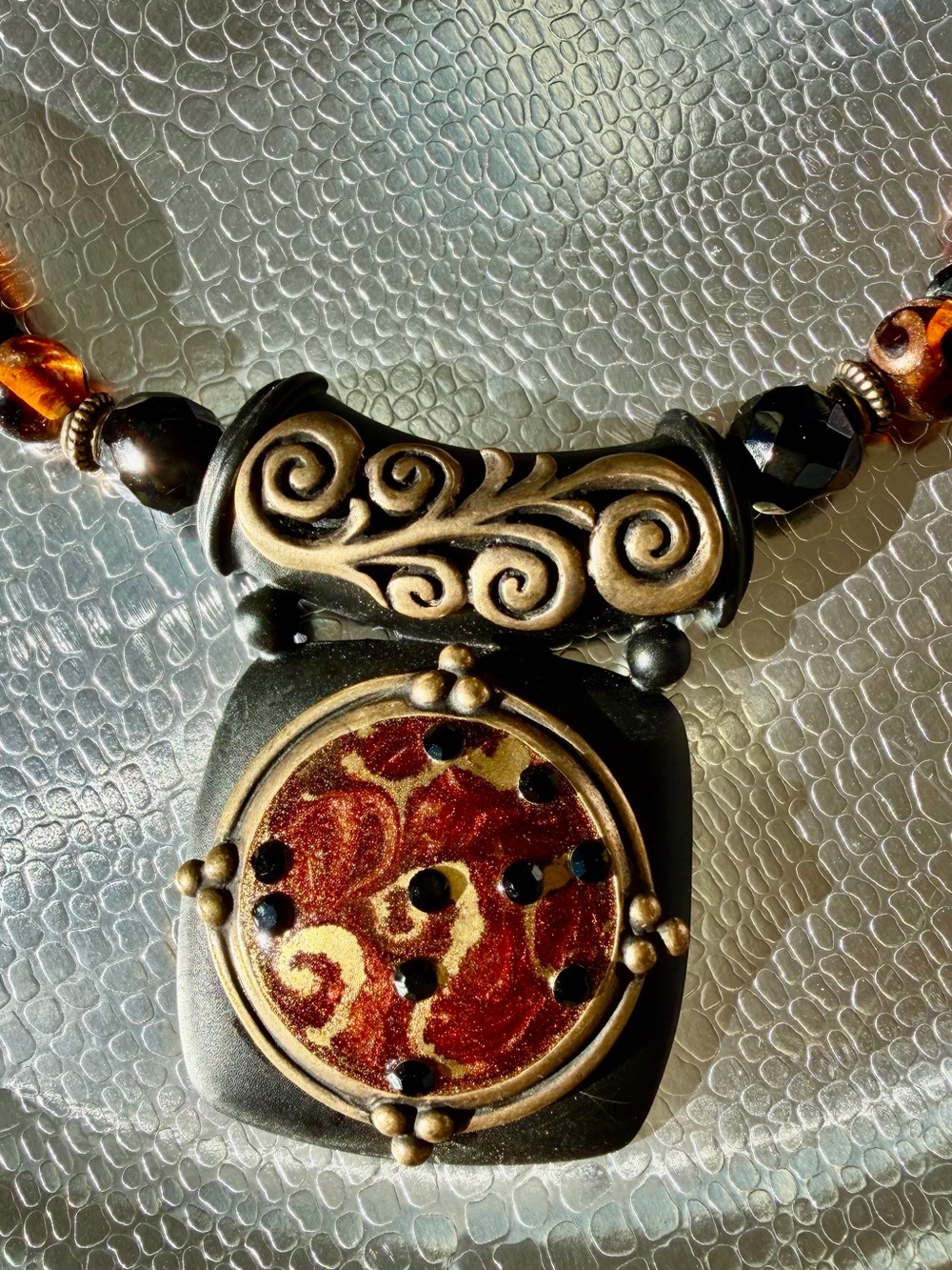 Striking Chico's Black and Gold Pendant Necklace with Red Accents!!
